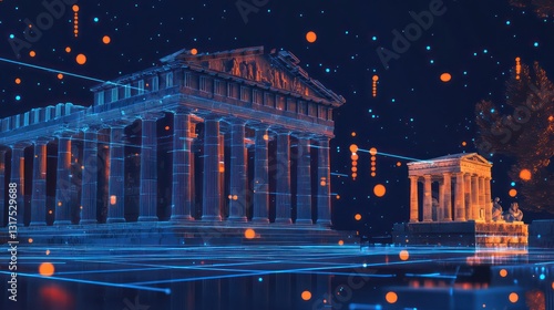 Ancient Greek temple, digital overlay, night, futuristic background, technology concept