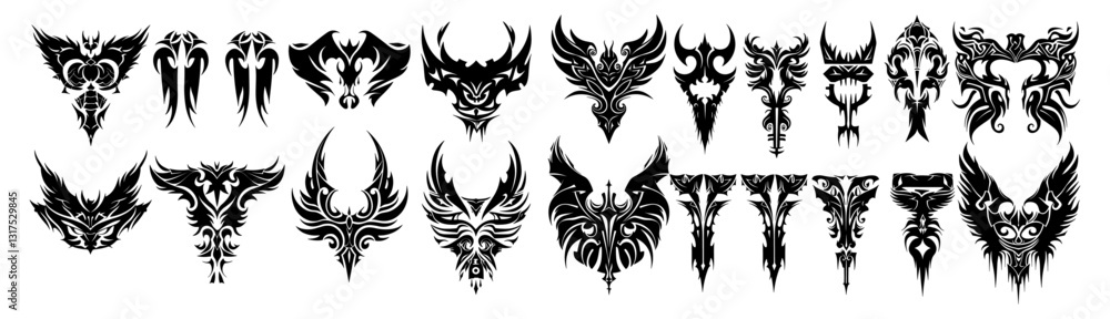 Obraz premium Maori sleeve symbol, Neo tribal silhouette clipart, Celtic vector, abstract symmetry, Polynesian metal, Y2K, Gothic cyber ornament kit, swirl wing, Hawaiian sign