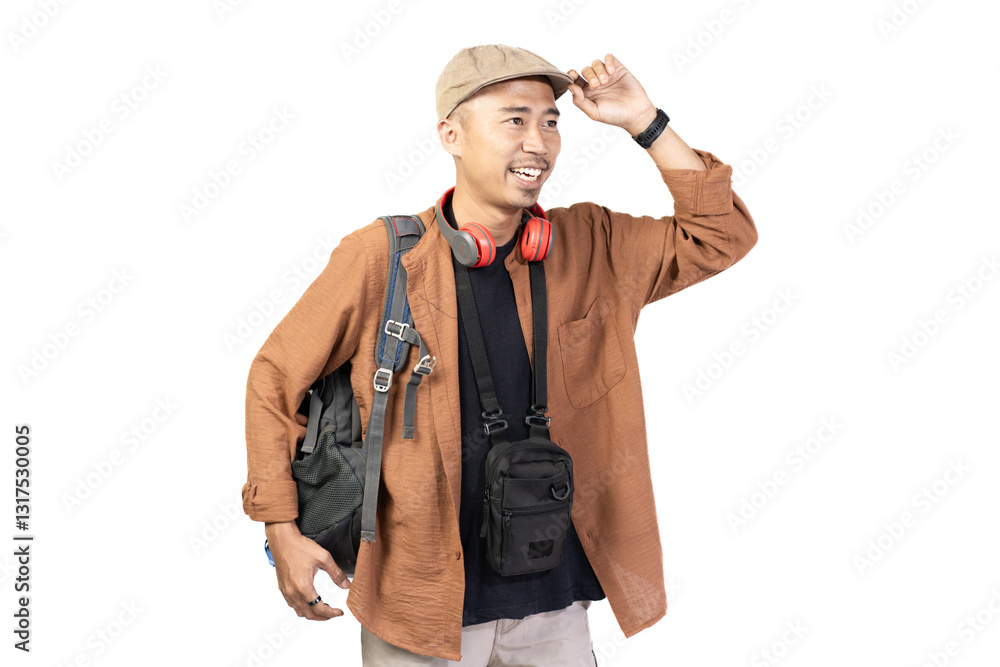 Indonesian man who is excited when he wants to go on vacation, travel concept, isolated on white background. Indonesian man who is excited when he wants to go on vacation, travel concept, isolated on white background.