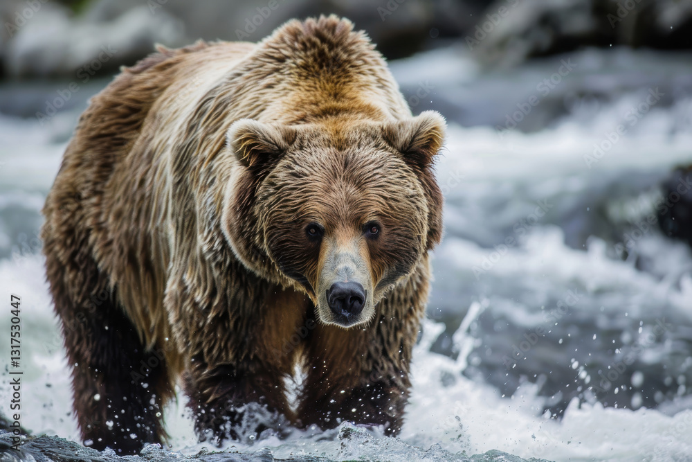 Grizzly Bear Standing Firm in River Current Symbolizing Resilience in Financial Markets Grizzly Bear Standing Firm in River Current Symbolizing Resilience in Financial Markets