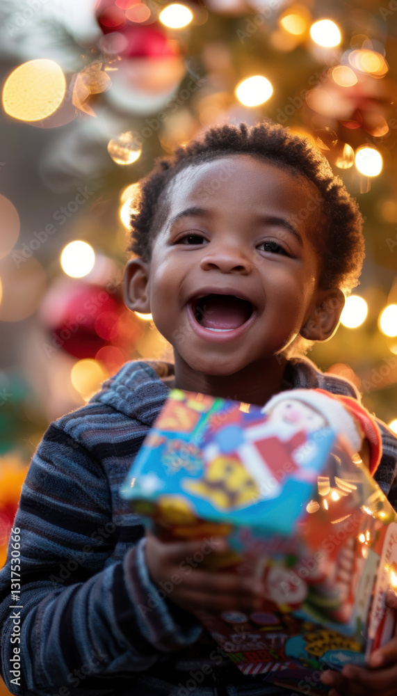 Joyful Child Receiving Toy at Holiday Drive with Festive Background Lights