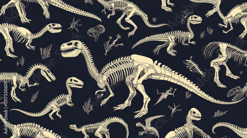 Fototapeta Naklejka Na Ścianę i Meble -  Dinosaurs skeletons silhouettes bone tyrannosaurus prehistoric animal dino bone vector flat illustration seamless pattern