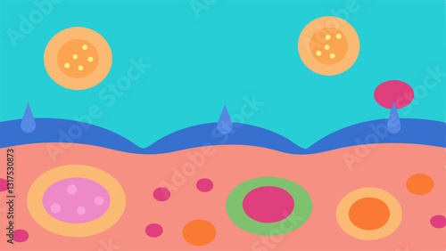 Skin Cells Under Microscope A zoomedin view of skin cells with vibrant colors indicating the revitalization effect of nanotechnology showing improved elasticity and moisture.