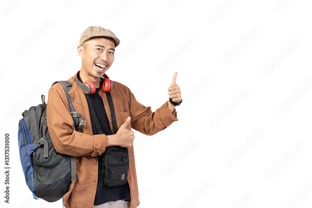 Excited young Indonesian man giving thumbs up to camera, travel concept, isolated on white background. Excited young Indonesian man giving thumbs up to camera, travel concept, isolated on white background.