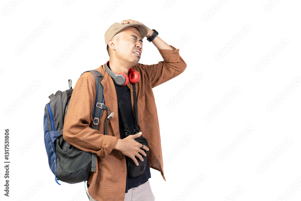 Young Indonesian male traveler looking disappointed and angry while traveling, travel concept, isolated on white background. Young Indonesian male traveler looking disappointed and angry while traveling, travel concept, isolated on white background.