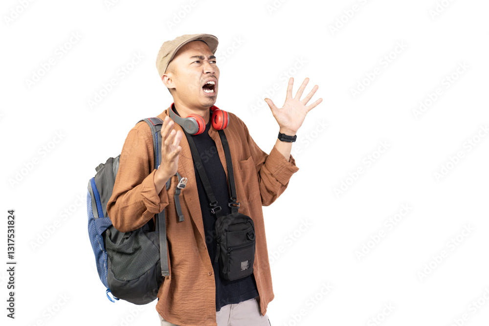 Young Indonesian man looking surprised with open arms, travel concept, isolated on white background. Young Indonesian man looking surprised with open arms, travel concept, isolated on white background.