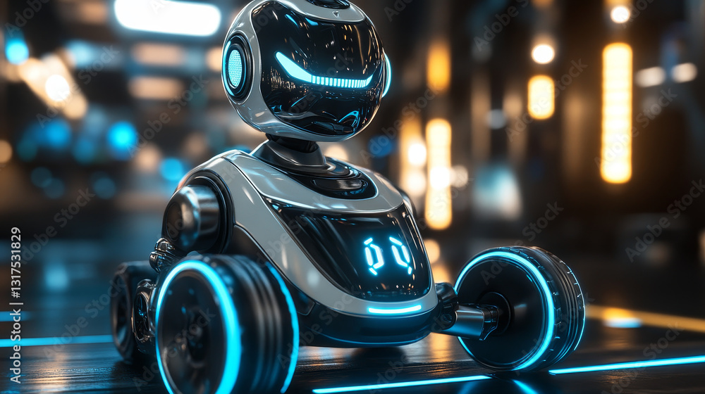 Fototapeta premium Robot with car wheel, robotic humanoids for kid party poster vector illustration. Happy birthday party welcome. Futuristic artificial intelligence technology. Electronical device.