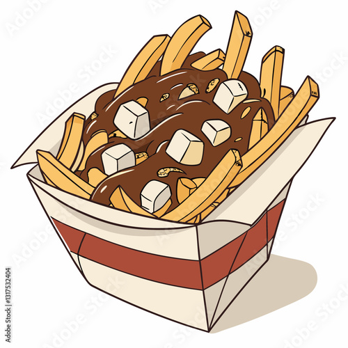 Realistic vector artwork of delicious poutine, featuring crispy fries, cheese curds, and gravy