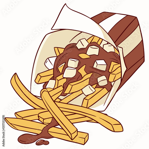 Realistic vector artwork of delicious poutine, featuring crispy fries, cheese curds, and gravy
