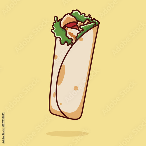 Cute vector illustration of kebab wrap, isolated on yellow background.