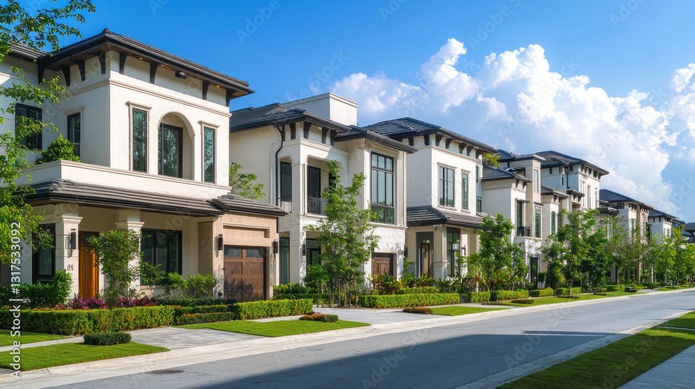 Luxurious homes line a street under a blue sky with puffy clouds Luxurious homes line a street under a blue sky with puffy clouds