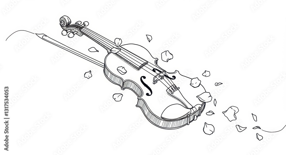 Obraz premium Minimalist Line Drawing of Violin with Falling Rose Petals