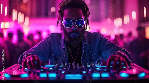 A male dj plays music at a colorful nightclub event