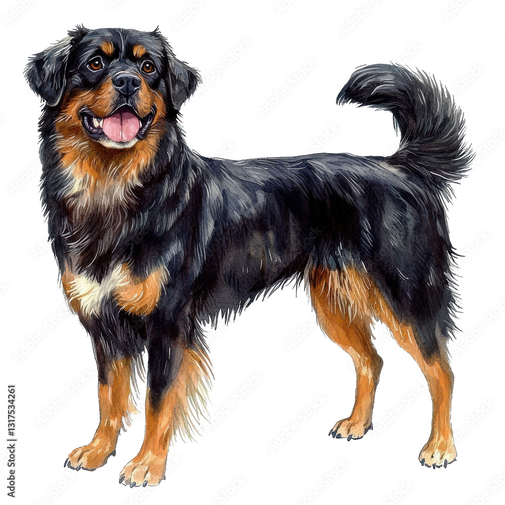 cheerful Bernese Mountain hand drawn watercolor illustration of black and tan dog transparent background cheerful Bernese Mountain hand drawn watercolor illustration of black and tan dog transparent background