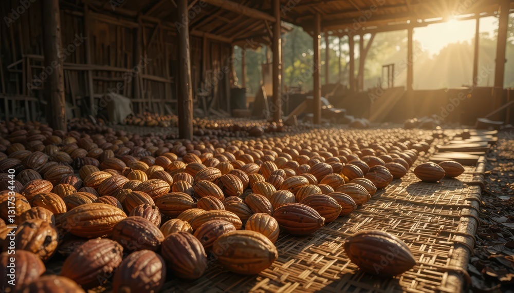 Obraz premium Cocoa Beans Drying in Rustic Farm Setting with Soft Sunlight Glow