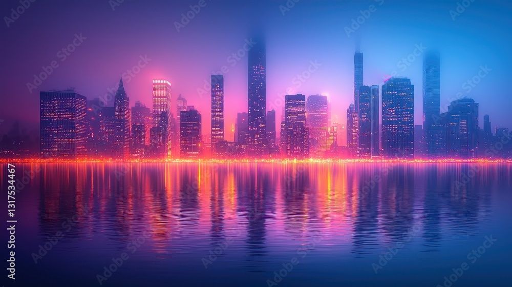 Fototapeta premium A vibrant city skyline reflects in the tranquil water at night