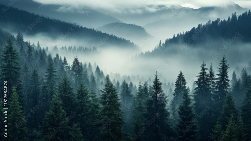 Fototapeta premium Misty Forest Landscape with Evergreen Trees and Rolling Hills
