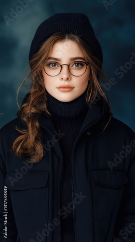 Random woman in stylish winter outfit poses against a dark blue backdrop during a photoshoot in an indoor studio setting