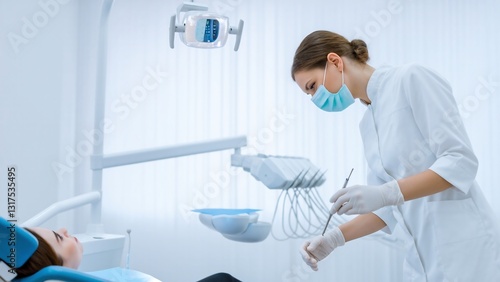 Dental professional in mask prepares tools before examining patient in a brightly lit, modern clinic setting.