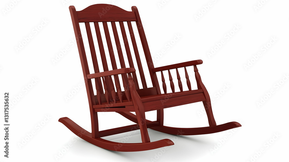 Red wooden rocking chair on white background; relaxing, comfortable furniture for home decor Red wooden rocking chair on white background; relaxing, comfortable furniture for home decor