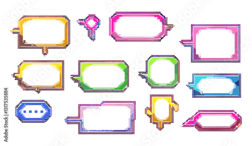 Pixel art speech bubbles set, retro 8 bit video game chat boxes with colorful frames, white copy space for text, 90s style vector illustration, transparent background, arcade UI