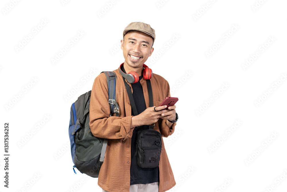 happy young indonesian male traveler pointing at mobile phone contents while traveling, travel concept, isolated on white background happy young indonesian male traveler pointing at mobile phone contents while traveling, travel concept, isolated on white background