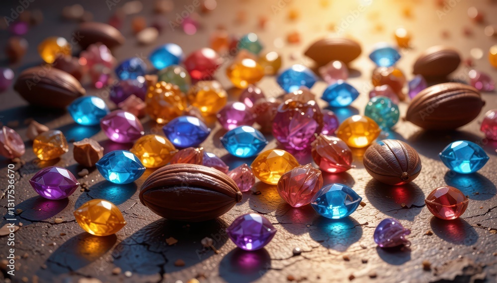 Colorful Gems and Almonds Scatter on Dark Surface at Sunset Light