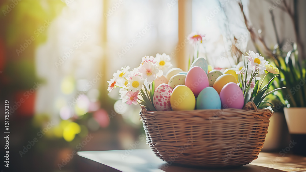 Fototapeta premium Wide horizontal seasonal banner background for Easter day with colourful eggs in a basket on a table