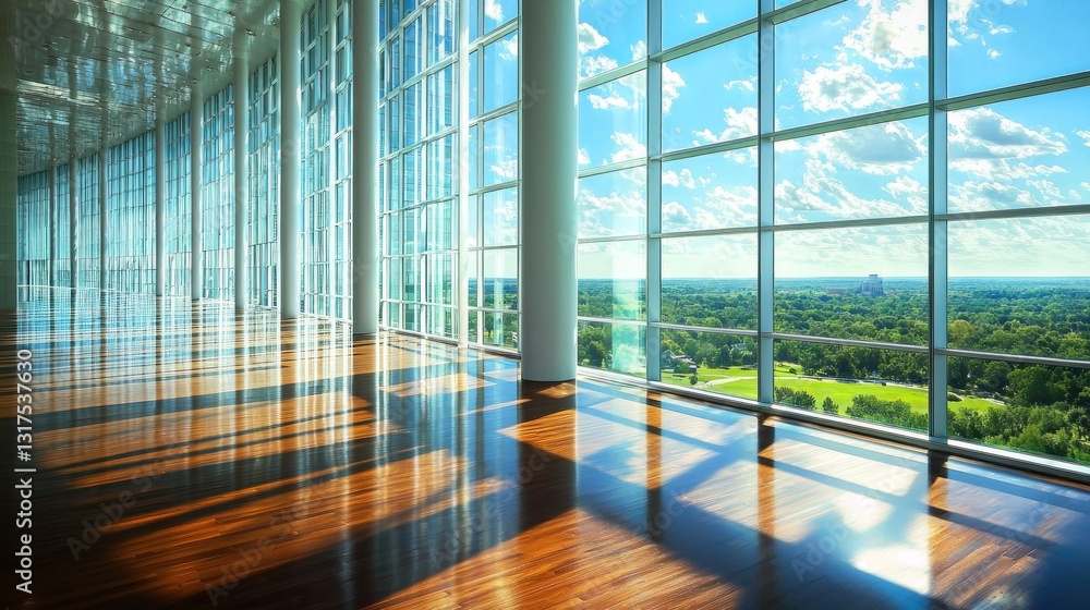 Fototapeta premium Spacious room with large windows offering a scenic view of trees