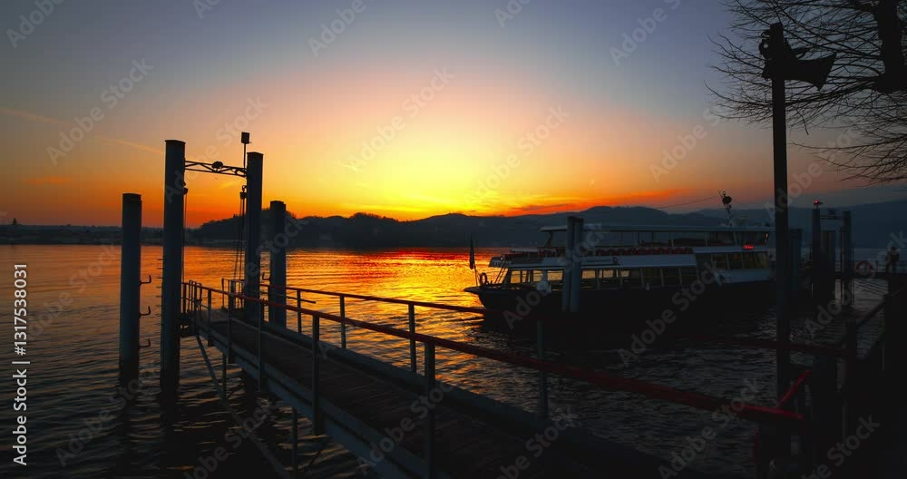 Red sunset on the pier of Angera on Lake Maggiore Red sunset on the pier of Angera on Lake Maggiore