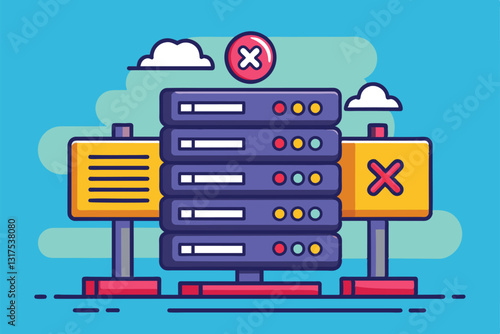 A colorful server cluster illustration displays customizable status and visible error signals on a blue background, Server status Customizable Disproportionate Illustration