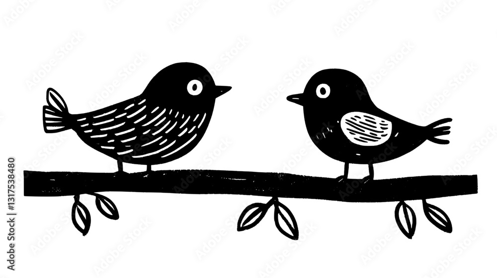 Two playful birds perched on a leafy branch, sharing a moment of harmony in a whimsical black and white vector design Two playful birds perched on a leafy branch, sharing a moment of harmony in a whimsical black and white vector design