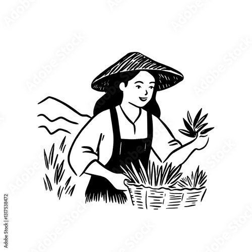 Harvesting plants in a tranquil valley with a farmer wearing a traditional straw hat at dusk