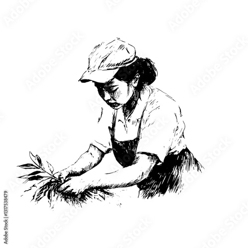 A skilled gardener harvests fresh herbs in a sunlit field, showcasing dedication and love for nature's bounty