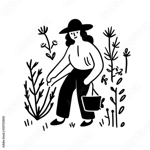 Gardener carefully tending to plants in a whimsical garden setting on a bright sunny day