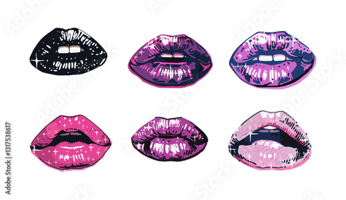 Retro y2k melt drip mouth, vector pixel lips, grunge bitmap collage, female kiss brutal design object, vintage icon set, futuristic pink sticker, photocopy effect print