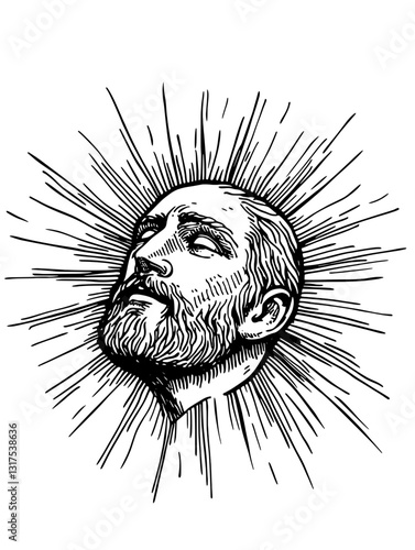 Radiant illustration of a bearded man's face surrounded by rays of light, symbolizing enlightenment and inspiration in a creative style