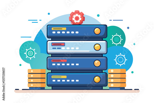 A vibrant depiction of customizable server status with stacked data and a gear icon representing settings, Server status Customizable Semi Flat Illustration