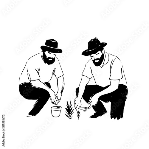 Two farmers engaged in nurturing plants in a tranquil garden setting during a sunny afternoon