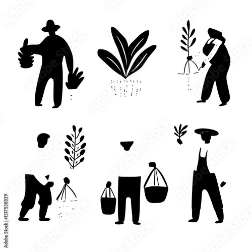 Diverse activities in gardening illustrated with simple vector designs that capture the beauty of nature