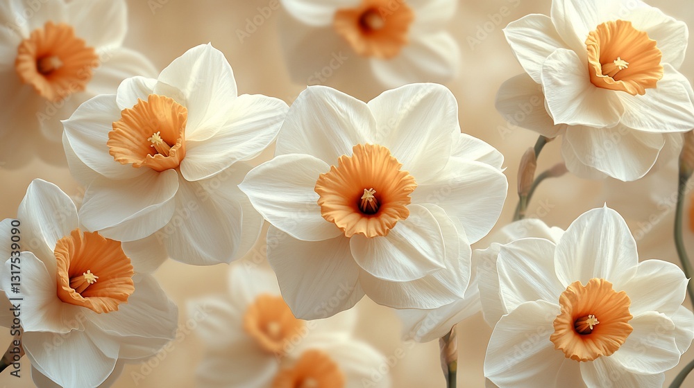 Fototapeta premium Close-up of delicate white daffodils with orange centers, softly blurred background.