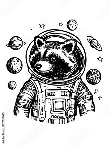 Raccoon in a spacesuit exploring the galaxy with planets and stars surrounding it