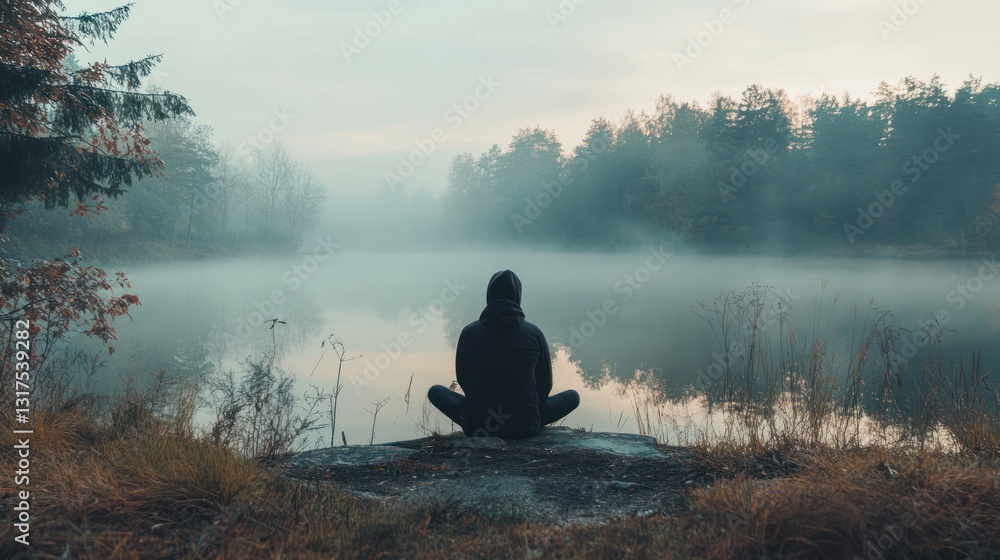 Person Meditating Quietly Beside a Foggy Lake Surrounded by Trees Person Meditating Quietly Beside a Foggy Lake Surrounded by Trees