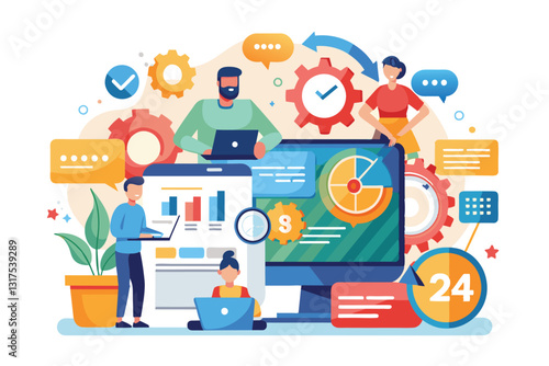 This illustration showcases a team collaborating with technology and charts in a vibrant workspace, Service 24/7 Customizable Flat Illustration