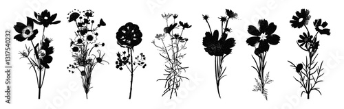 Wild flowers vector heads with grunge texture, Y2K aesthetic, retro photocopy effect, trendy design, perfect for t-shirt prints, sweatshirt designs, poster illustration, tee graphic