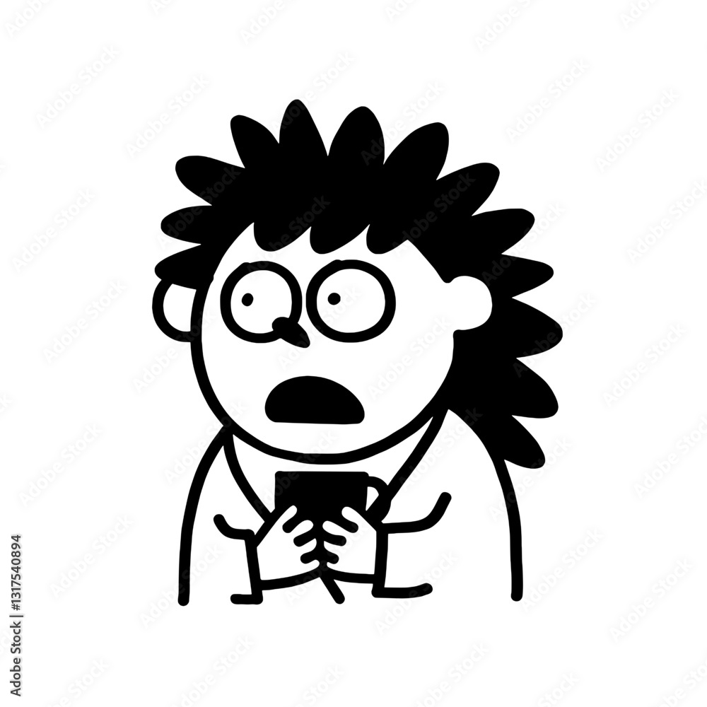 Surprised character with spiky hair holding a small object in an expressive moment of shock or disbelief Surprised character with spiky hair holding a small object in an expressive moment of shock or disbelief