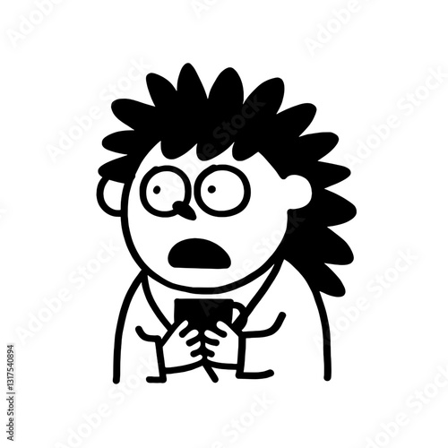Surprised character with spiky hair holding a small object in an expressive moment of shock or disbelief