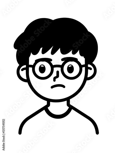 Expressive vector illustration of a young person wearing glasses with an inquisitive expression in a minimalistic style