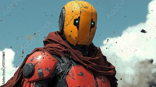 A futuristic robot warrior stares against a cloudy daytime sky