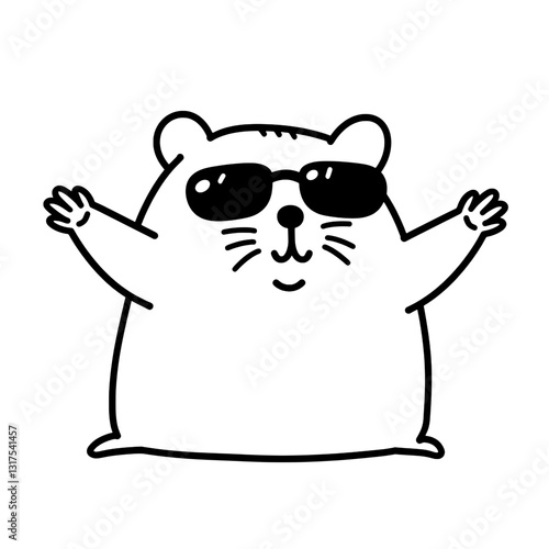Charming cartoon character wearing sunglasses shows off its coolness with raised arms in a playful pose